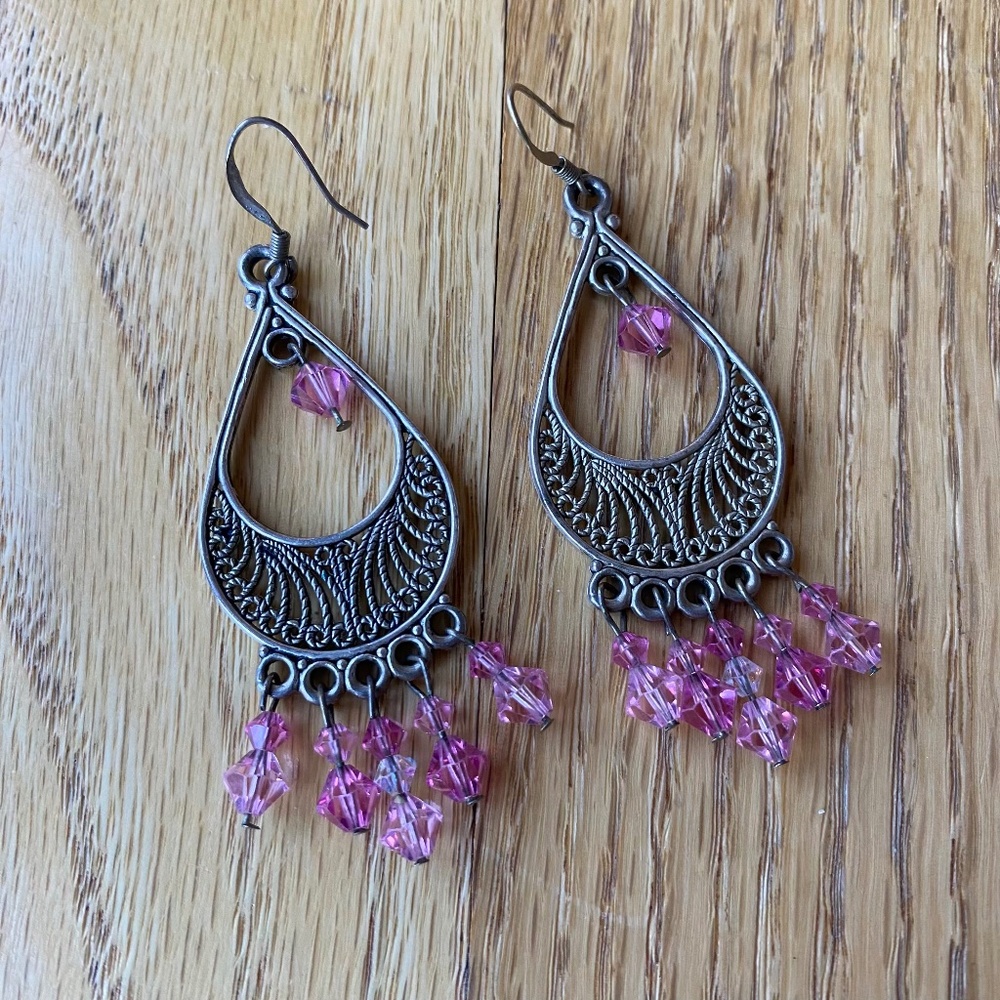 Silver and Pink Beaded Earrings